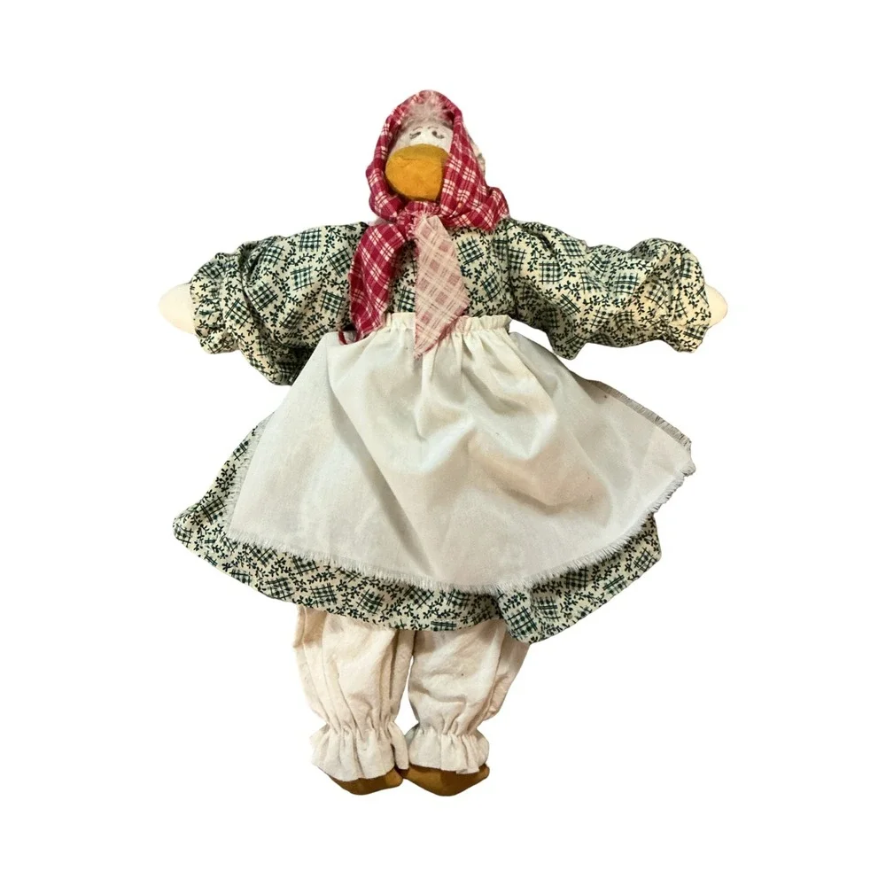 Vintage Primitive Handcrafted Cloth Duck Doll Folk Art Green Calico 12.5 Inch